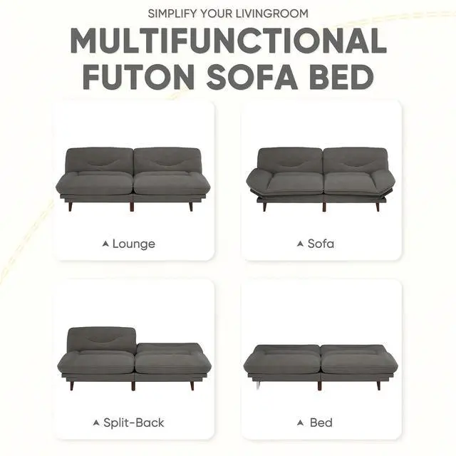 Alt view image 5 of 7 - Convertible Futon Sofa Bed, Sleeper Futon Couch with Adjustable Backrest and Armrests, Modern Loveseat with Sturdy Wood Frame for Small Spaces, Apartments (Fabric, Dark Gray)