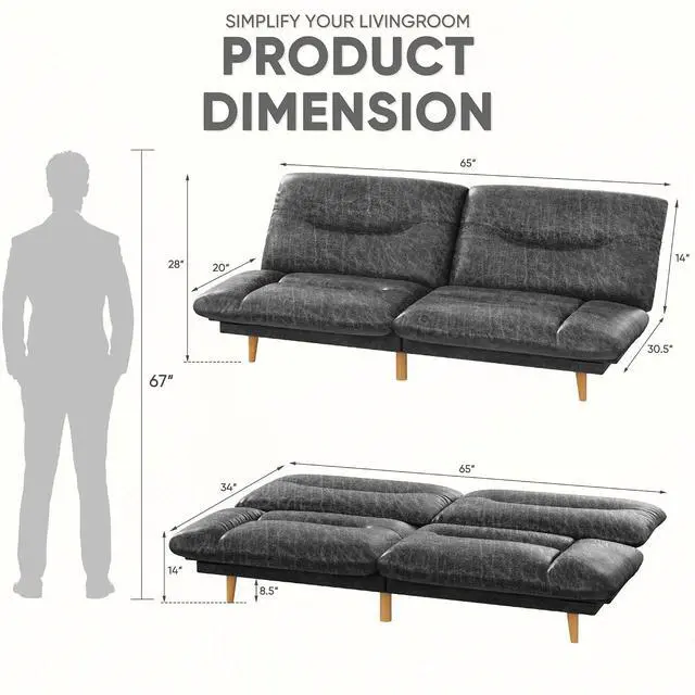 Alt view image 2 of 7 - Convertible Futon Sofa Bed, Sleeper Futon Couch with Adjustable Backrest and Armrests, Modern Loveseat with Sturdy Wood Frame for Small Spaces, Apartments (Leathaire, Light Black)