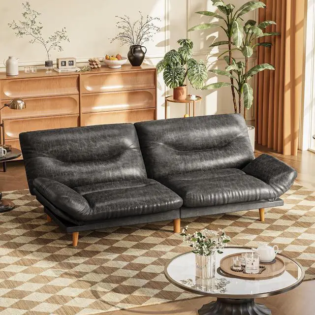 Main image of Convertible Futon Sofa Bed, Sleeper Futon Couch with Adjustable Backrest and Armrests, Modern Loveseat with Sturdy Wood Frame for Small Spaces, Apartments (Leathaire, Light Black)