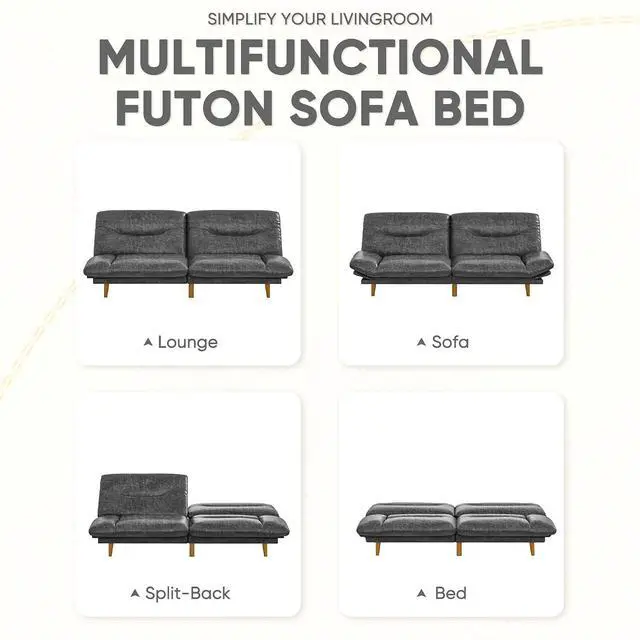 Alt view image 5 of 7 - Convertible Futon Sofa Bed, Sleeper Futon Couch with Adjustable Backrest and Armrests, Modern Loveseat with Sturdy Wood Frame for Small Spaces, Apartments (Leathaire, Light Black)