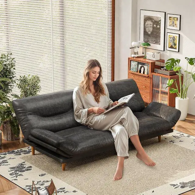 Alt view image 3 of 7 - Convertible Futon Sofa Bed, Sleeper Futon Couch with Adjustable Backrest and Armrests, Modern Loveseat with Sturdy Wood Frame for Small Spaces, Apartments (Leathaire, Light Black)