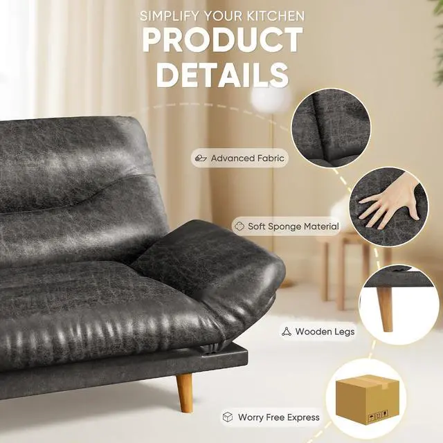 Alt view image 4 of 7 - Convertible Futon Sofa Bed, Sleeper Futon Couch with Adjustable Backrest and Armrests, Modern Loveseat with Sturdy Wood Frame for Small Spaces, Apartments (Leathaire, Light Black)
