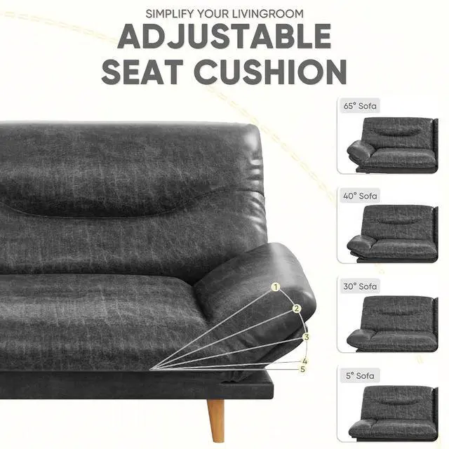 Alt view image 7 of 7 - Convertible Futon Sofa Bed, Sleeper Futon Couch with Adjustable Backrest and Armrests, Modern Loveseat with Sturdy Wood Frame for Small Spaces, Apartments (Leathaire, Light Black)