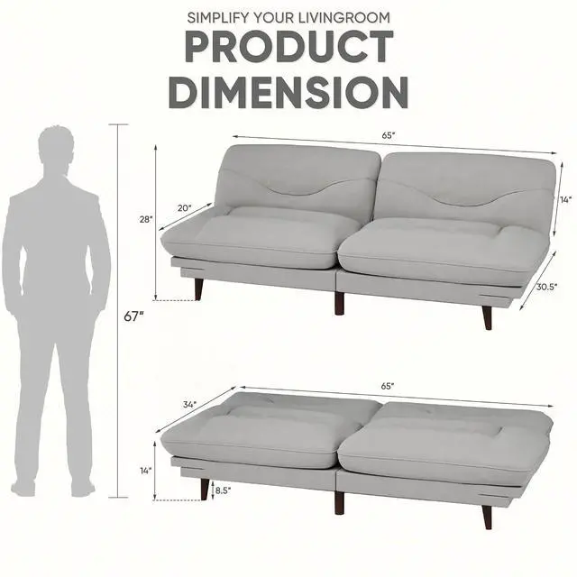 Alt view image 2 of 7 - Convertible Futon Sofa Bed, Sleeper Futon Couch with Adjustable Backrest and Armrests, Modern Loveseat with Sturdy Wood Frame for Small Spaces, Apartments (Fabric, French Gray)
