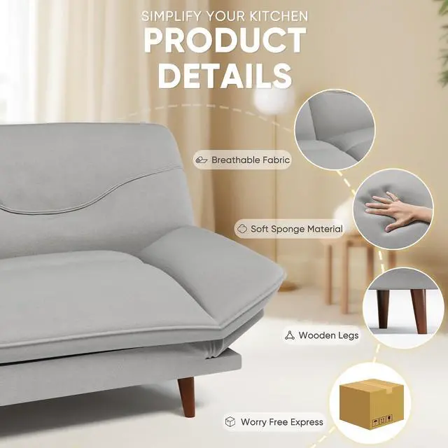 Alt view image 4 of 7 - Convertible Futon Sofa Bed, Sleeper Futon Couch with Adjustable Backrest and Armrests, Modern Loveseat with Sturdy Wood Frame for Small Spaces, Apartments (Fabric, French Gray)