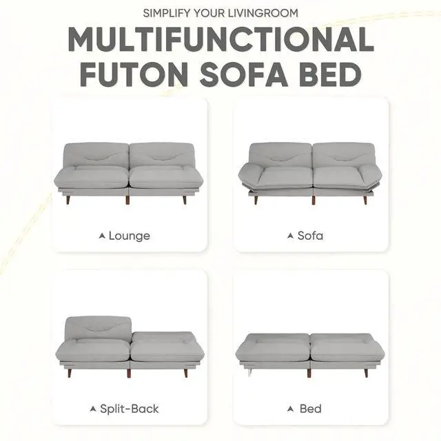 Alt view image 7 of 7 - Convertible Futon Sofa Bed, Sleeper Futon Couch with Adjustable Backrest and Armrests, Modern Loveseat with Sturdy Wood Frame for Small Spaces, Apartments (Fabric, French Gray)