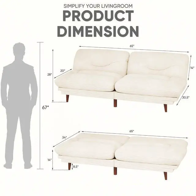 Alt view image 2 of 7 - Convertible Futon Sofa Bed, Sleeper Futon Couch with Adjustable Backrest and Armrests, Modern Loveseat with Sturdy Wood Frame for Small Spaces, Apartments (Corduroy, White)