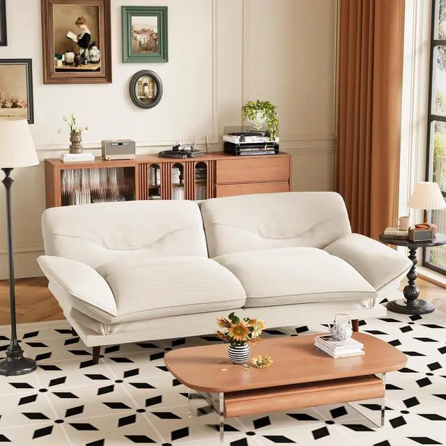 Main image of Convertible Futon Sofa Bed, Sleeper Futon Couch with Adjustable Backrest and Armrests, Modern Loveseat with Sturdy Wood Frame for Small Spaces, Apartments (Corduroy, White)