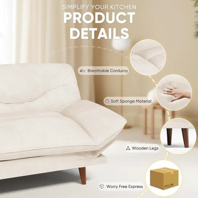 Alt view image 4 of 7 - Convertible Futon Sofa Bed, Sleeper Futon Couch with Adjustable Backrest and Armrests, Modern Loveseat with Sturdy Wood Frame for Small Spaces, Apartments (Corduroy, White)