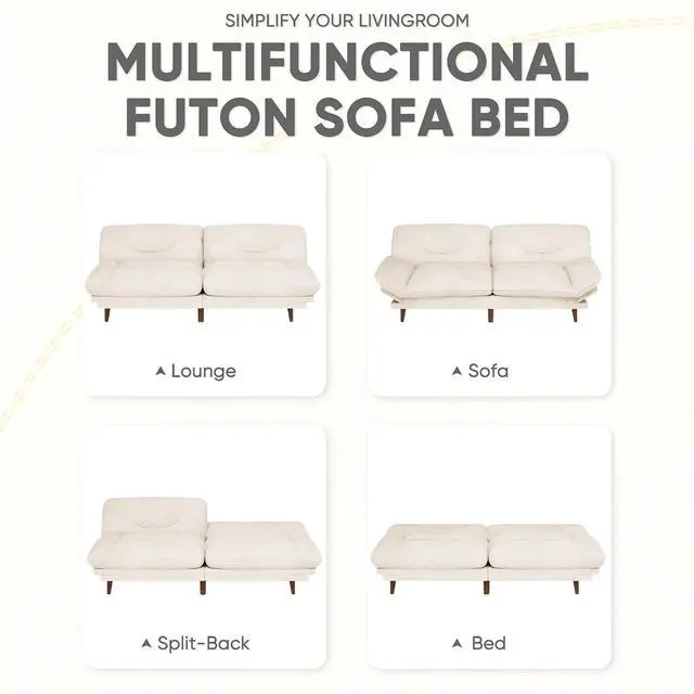 Alt view image 5 of 7 - Convertible Futon Sofa Bed, Sleeper Futon Couch with Adjustable Backrest and Armrests, Modern Loveseat with Sturdy Wood Frame for Small Spaces, Apartments (Corduroy, White)