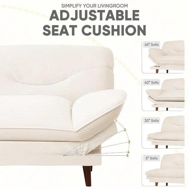 Alt view image 7 of 7 - Convertible Futon Sofa Bed, Sleeper Futon Couch with Adjustable Backrest and Armrests, Modern Loveseat with Sturdy Wood Frame for Small Spaces, Apartments (Corduroy, White)
