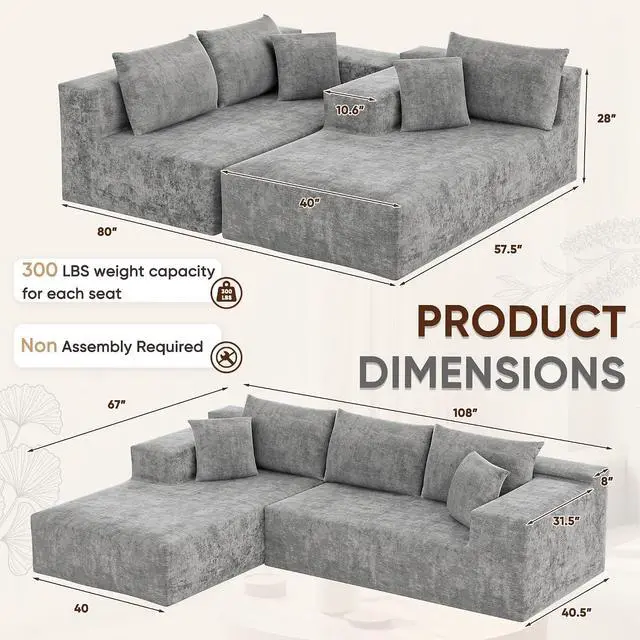 Alt view image 3 of 7 - 108 Cloud Sectional Couches, Boneless Couch Modular L-Shaped Sofa with Deep Seat, Modern Comfort Upholstered Sofas for Living Room, No Assembly Required (Chenille, Grey)