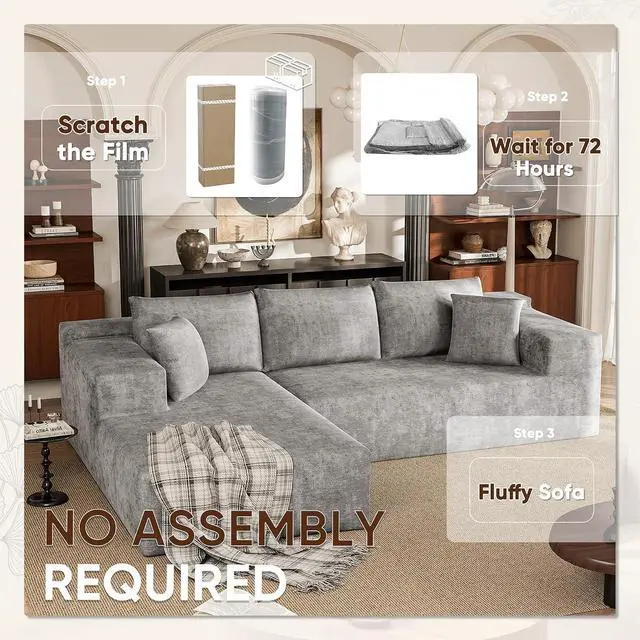 Alt view image 4 of 7 - 108 Cloud Sectional Couches, Boneless Couch Modular L-Shaped Sofa with Deep Seat, Modern Comfort Upholstered Sofas for Living Room, No Assembly Required (Chenille, Grey)