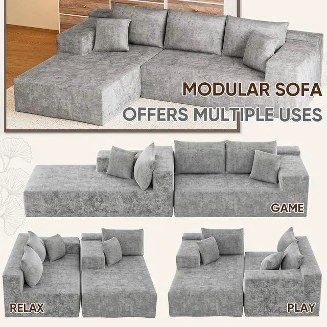Alt view image 5 of 7 - 108 Cloud Sectional Couches, Boneless Couch Modular L-Shaped Sofa with Deep Seat, Modern Comfort Upholstered Sofas for Living Room, No Assembly Required (Chenille, Grey)