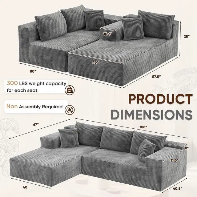 Alt view image 3 of 7 - 108 Cloud Sectional Couches, Boneless Couch Modular L-Shaped Sofa with Deep Seat, Modern Comfort Upholstered Sofas for Living Room, No Assembly Required (Corduroy, Grey)