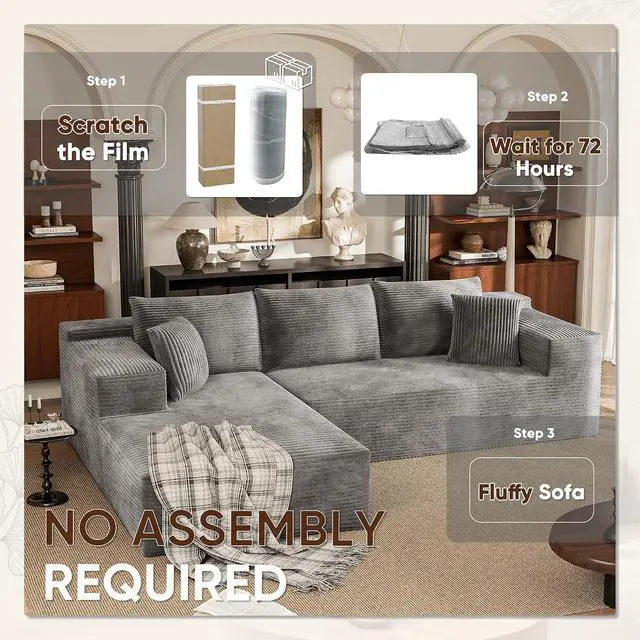 Alt view image 4 of 7 - 108 Cloud Sectional Couches, Boneless Couch Modular L-Shaped Sofa with Deep Seat, Modern Comfort Upholstered Sofas for Living Room, No Assembly Required (Corduroy, Grey)