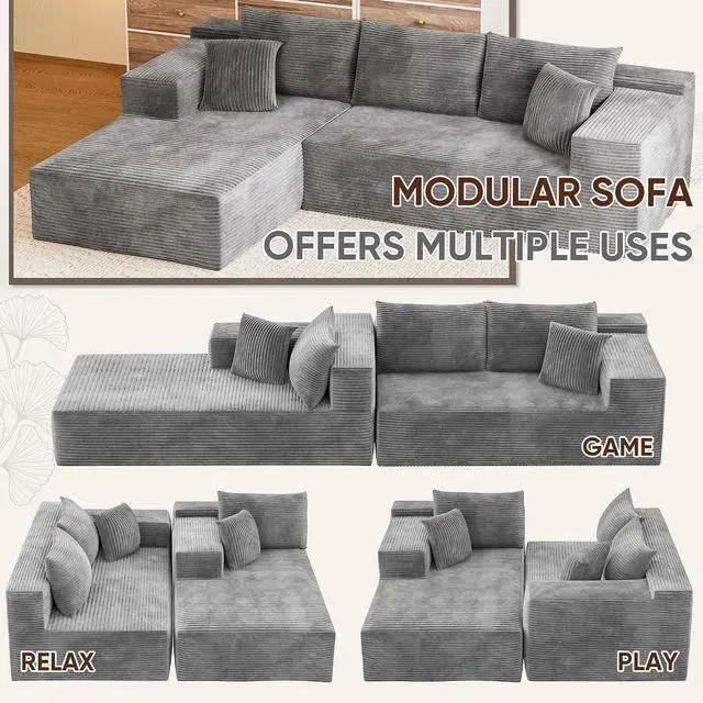 Alt view image 5 of 7 - 108 Cloud Sectional Couches, Boneless Couch Modular L-Shaped Sofa with Deep Seat, Modern Comfort Upholstered Sofas for Living Room, No Assembly Required (Corduroy, Grey)