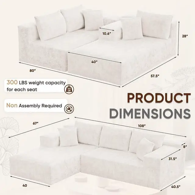 Alt view image 3 of 7 - 108 Cloud Sectional Couches, Boneless Couch Modular L-Shaped Sofa with Deep Seat, Modern Comfort Upholstered Sofas for Living Room, No Assembly Required (Chenille, Beige)