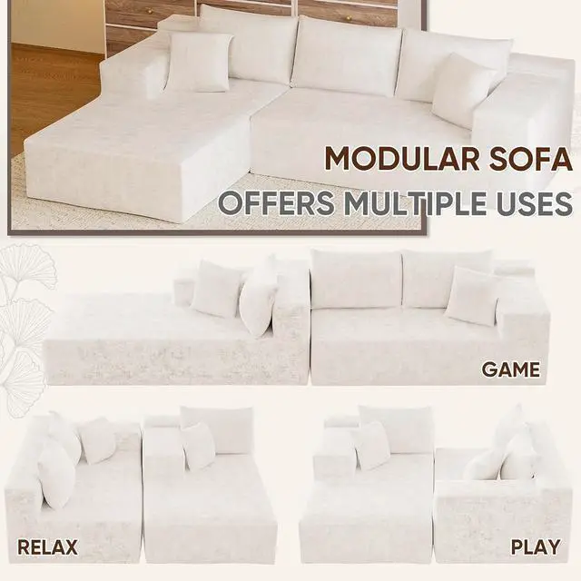 Alt view image 5 of 7 - 108 Cloud Sectional Couches, Boneless Couch Modular L-Shaped Sofa with Deep Seat, Modern Comfort Upholstered Sofas for Living Room, No Assembly Required (Chenille, Beige)