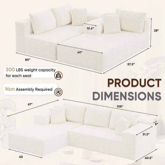 Alt view image 3 of 7 - 108 Cloud Sectional Couches, Boneless Couch Modular L-Shaped Sofa with Deep Seat, Modern Comfort Upholstered Sofas for Living Room, No Assembly Required (Corduroy, Beige)