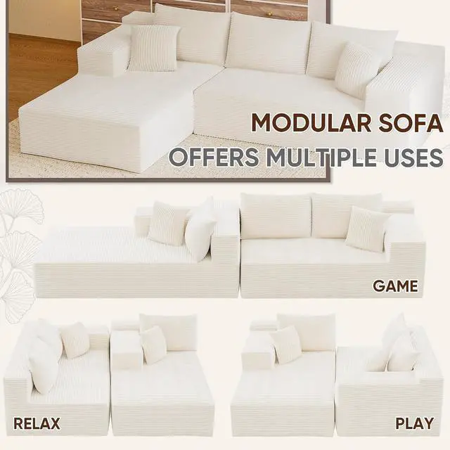 Alt view image 5 of 7 - 108 Cloud Sectional Couches, Boneless Couch Modular L-Shaped Sofa with Deep Seat, Modern Comfort Upholstered Sofas for Living Room, No Assembly Required (Corduroy, Beige)