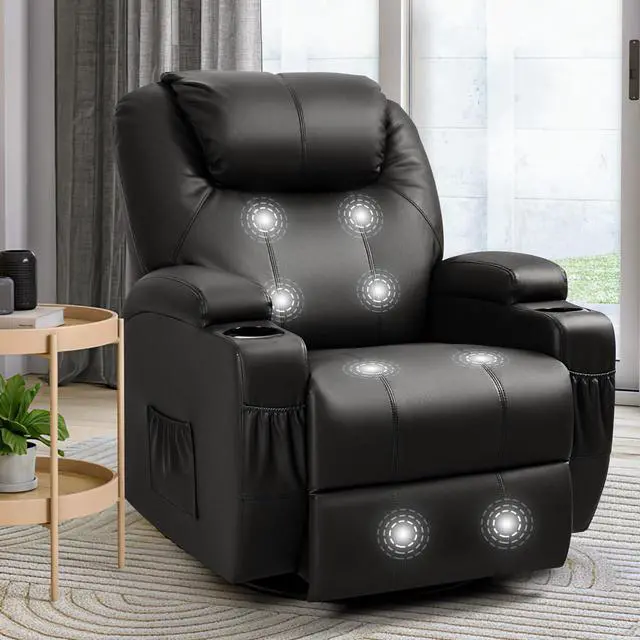Main image of Rocker Recliner Chair with Massage for Elderly, Leather Adjustable 360°Swivel Rocking Sofa for Living Room with Remote Control, Cup Holders (Black)