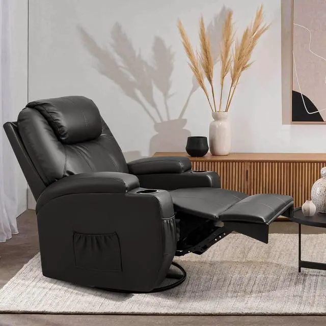Alt view image 3 of 7 - Rocker Recliner Chair with Massage for Elderly, Leather Adjustable 360°Swivel Rocking Sofa for Living Room with Remote Control, Cup Holders (Black)
