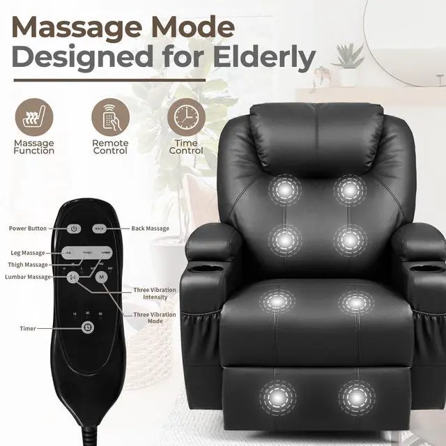 Alt view image 4 of 7 - Rocker Recliner Chair with Massage for Elderly, Leather Adjustable 360°Swivel Rocking Sofa for Living Room with Remote Control, Cup Holders (Black)