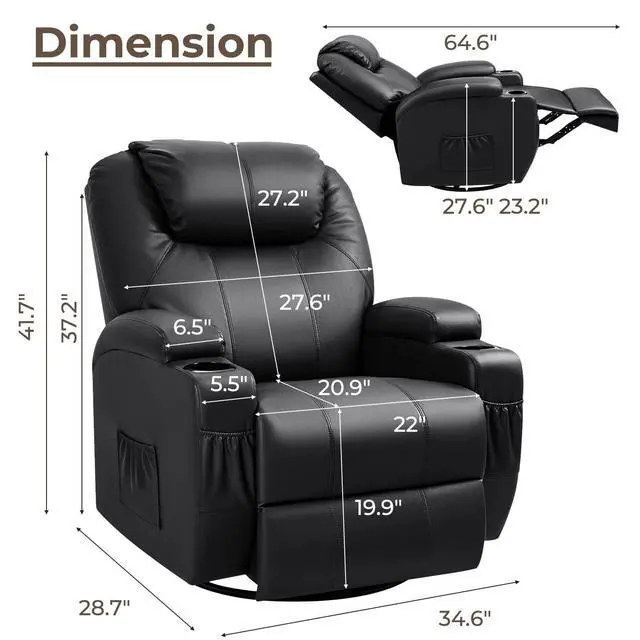 Alt view image 2 of 7 - Rocker Recliner Chair with Massage for Elderly, Leather Adjustable 360°Swivel Rocking Sofa for Living Room with Remote Control, Cup Holders (Black)