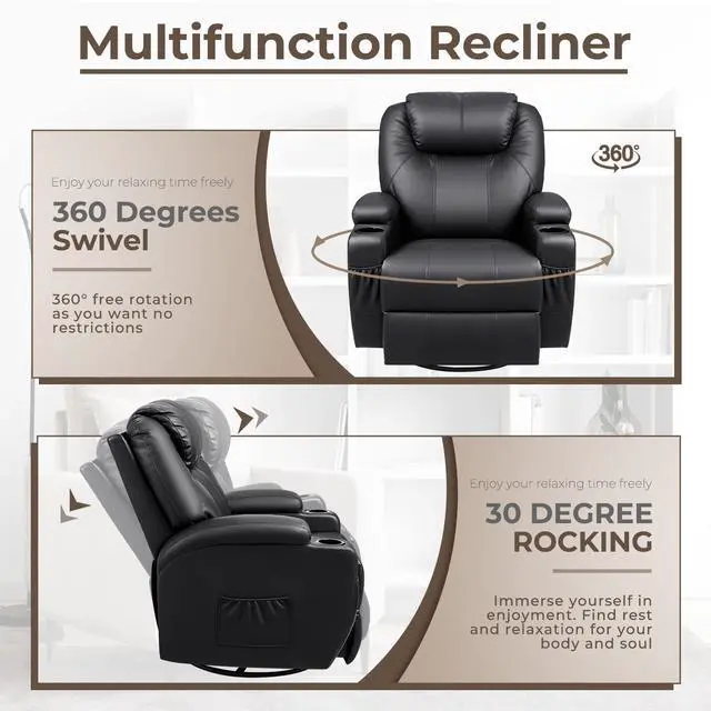 Alt view image 7 of 7 - Rocker Recliner Chair with Massage for Elderly, Leather Adjustable 360°Swivel Rocking Sofa for Living Room with Remote Control, Cup Holders (Black)