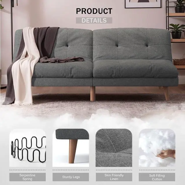 Alt view image 6 of 7 - Convertible Futon Sofa Bed Futon Couch with Adjustable Back Upholstered Sleeper Sofa Bed for Living Room Furniture (Fabric,Grey)