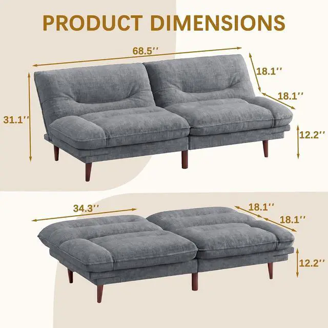 Alt view image 3 of 7 - Futon Sofa Bed,69 Inch Futon Couch Convertible with Adjustable Backrest and Armrests, Recliner Sleeper Sofa for Small Spaces, Living Room, Office, Guest Room (Dark Grey-LinenLike)