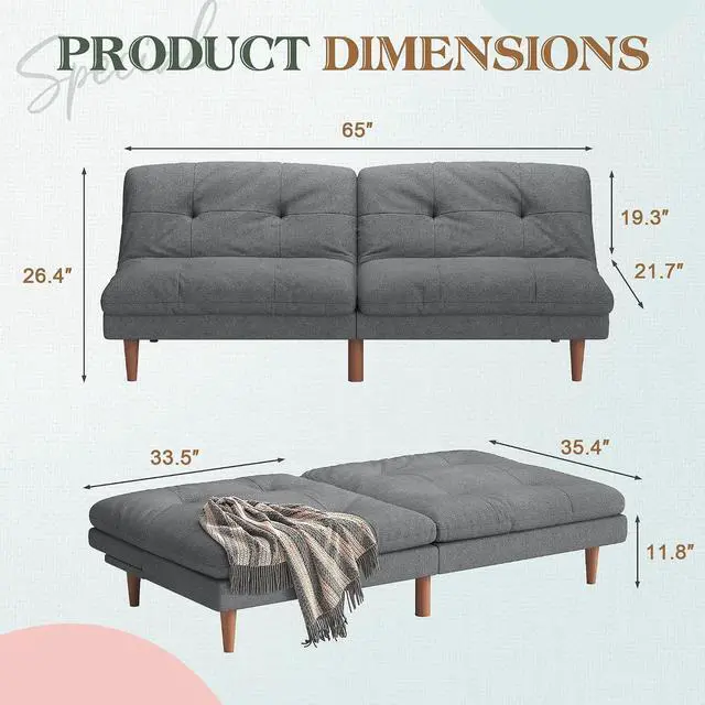 Alt view image 3 of 7 - Futon Sofa Bed Modern Linen Couch Convertible Folding Futon Reclining Sleeper Sofa Couch for Small Space Apartment Loveseat with Adjustable Backrest (Dark Grey)