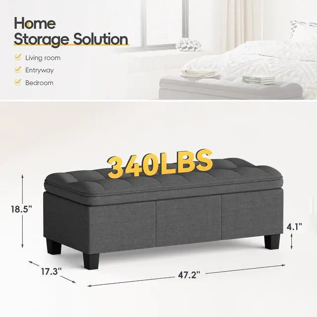 Alt view image 2 of 7 - 47 Inches Storage Ottoman with Legs, End of Bed Bench, Foot Rest for Couch, for Living Room, Bedroom, Entryway, 17.3" D x 47.2" W x 18.5" H, Easy Assembly (Dark Gray)