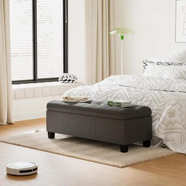 Alt view image 5 of 7 - 47 Inches Storage Ottoman with Legs, End of Bed Bench, Foot Rest for Couch, for Living Room, Bedroom, Entryway, 17.3" D x 47.2" W x 18.5" H, Easy Assembly (Dark Gray)