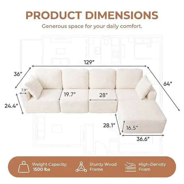 Alt view image 2 of 7 - Sectional Couches for Living Room, Modern Boneless Couch with Deep Seat, Upholstered Cloud Sofa, No Assembly Required (Beige, Linear Sofa)