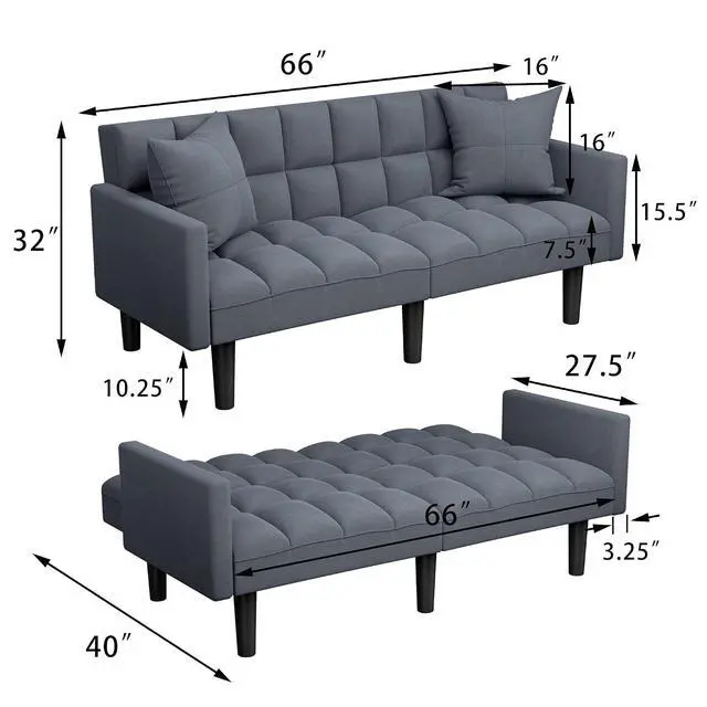 Alt view image 2 of 7 - Modern Tuft Futon Sofa Bed Couch Convertible Loveseat Sleeper Reclining Futon Twin Size with Arms and 2 Pillows for Living Room (Blue)