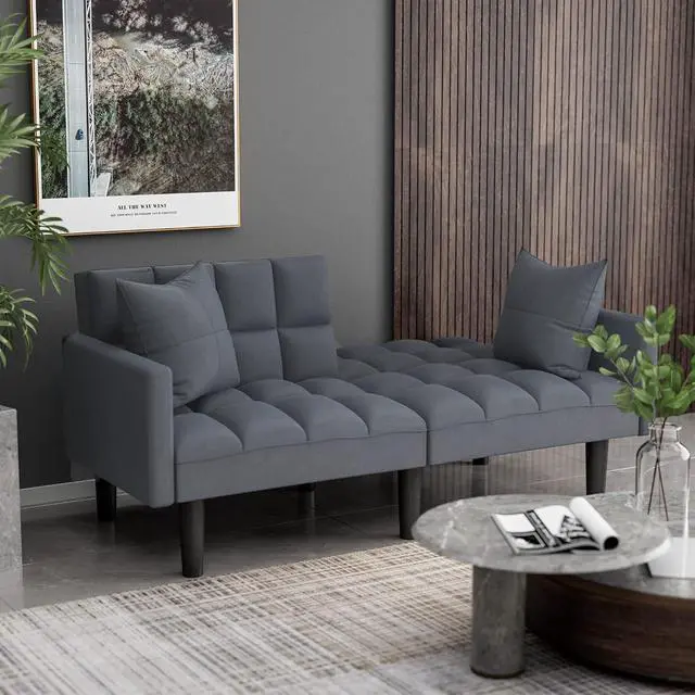 Alt view image 4 of 7 - Modern Tuft Futon Sofa Bed Couch Convertible Loveseat Sleeper Reclining Futon Twin Size with Arms and 2 Pillows for Living Room (Blue)