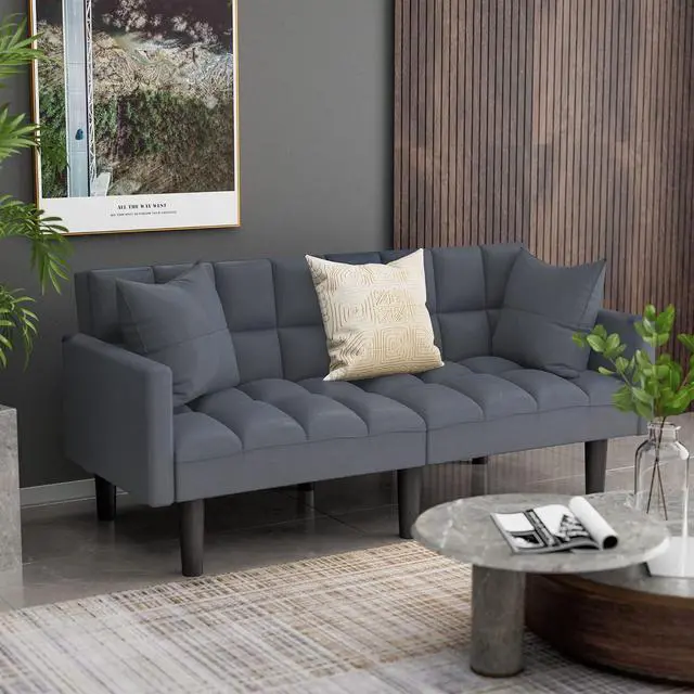 Alt view image 7 of 7 - Modern Tuft Futon Sofa Bed Couch Convertible Loveseat Sleeper Reclining Futon Twin Size with Arms and 2 Pillows for Living Room (Blue)