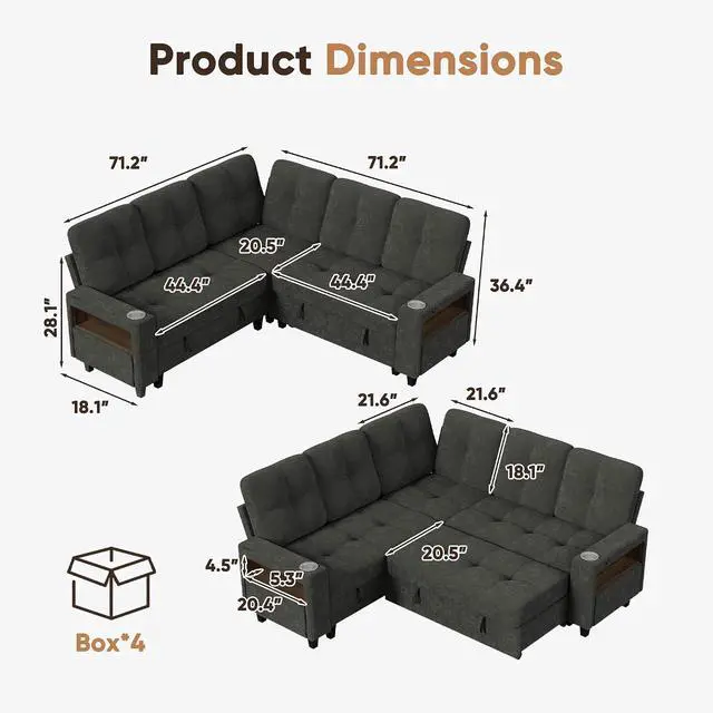 Alt view image 2 of 7 - 83" Sectional Sleeper Sofa with Storage Chaise, Pull Out Couch Modular Sofa Bed with USB Charging, LED lighting & Cup Holder, Chenille L shaped Sofa Couches for Living Room (Grey, Sleeper Sofa-2)