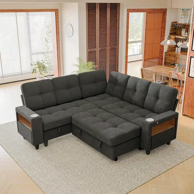 Main image of 83" Sectional Sleeper Sofa with Storage Chaise, Pull Out Couch Modular Sofa Bed with USB Charging, LED lighting & Cup Holder, Chenille L shaped Sofa Couches for Living Room (Grey, Sleeper Sofa-2)