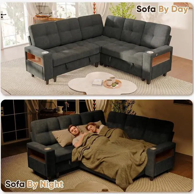 Alt view image 3 of 7 - 83" Sectional Sleeper Sofa with Storage Chaise, Pull Out Couch Modular Sofa Bed with USB Charging, LED lighting & Cup Holder, Chenille L shaped Sofa Couches for Living Room (Grey, Sleeper Sofa-2)