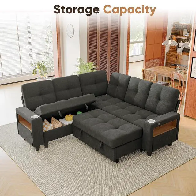 Alt view image 5 of 7 - 83" Sectional Sleeper Sofa with Storage Chaise, Pull Out Couch Modular Sofa Bed with USB Charging, LED lighting & Cup Holder, Chenille L shaped Sofa Couches for Living Room (Grey, Sleeper Sofa-2)