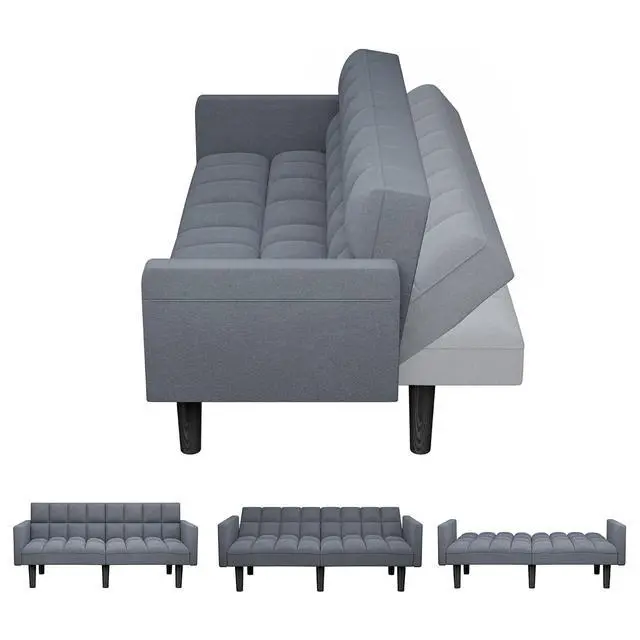 Alt view image 5 of 7 - Modern Tuft Futon Sofa Bed Couch Convertible Loveseat Sleeper Reclining Futon Twin Size with Arms and 2 Pillows for Living Room (Blue)
