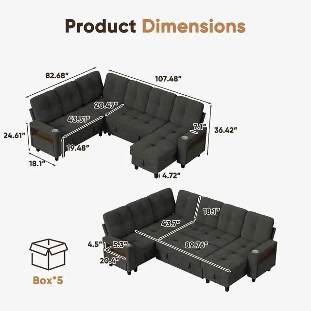 Alt view image 2 of 7 - 108" Pull Out Couch with Sofa Bed & Storage Chaise, Sleeper Sofa with USB Charging, LED lighting & Cup Holder, Sectional U Shpaed Sofa Chenille Couch for Living Room, Apartment (Grey, Sleeper Sofa-3)