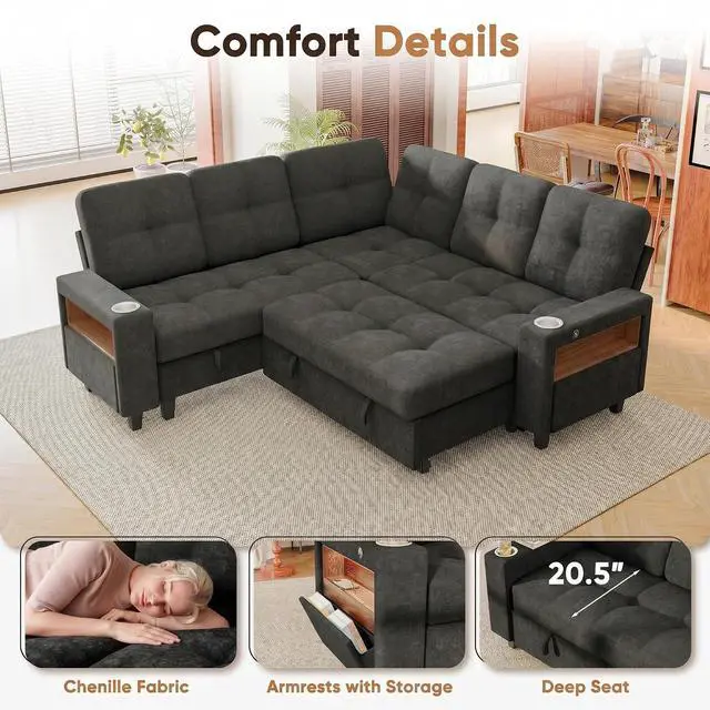 Alt view image 7 of 7 - 83" Sectional Sleeper Sofa with Storage Chaise, Pull Out Couch Modular Sofa Bed with USB Charging, LED lighting & Cup Holder, Chenille L shaped Sofa Couches for Living Room (Grey, Sleeper Sofa-2)