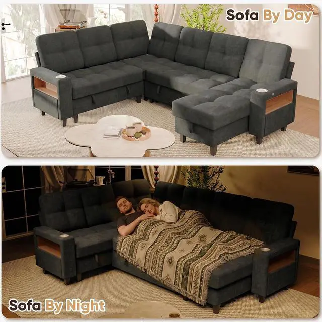 Alt view image 3 of 7 - 108" Pull Out Couch with Sofa Bed & Storage Chaise, Sleeper Sofa with USB Charging, LED lighting & Cup Holder, Sectional U Shpaed Sofa Chenille Couch for Living Room, Apartment (Grey, Sleeper Sofa-3)