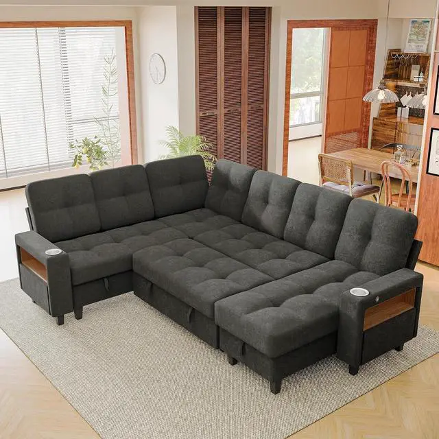 Main image of 108" Pull Out Couch with Sofa Bed & Storage Chaise, Sleeper Sofa with USB Charging, LED lighting & Cup Holder, Sectional U Shpaed Sofa Chenille Couch for Living Room, Apartment (Grey, Sleeper Sofa-3)