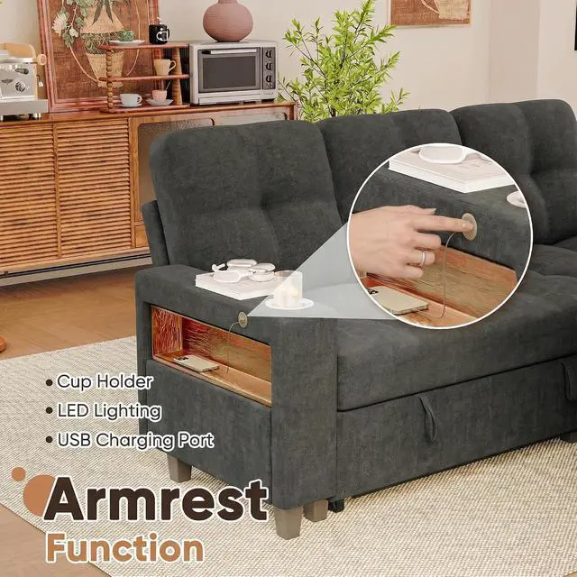 Alt view image 4 of 7 - 108" Pull Out Couch with Sofa Bed & Storage Chaise, Sleeper Sofa with USB Charging, LED lighting & Cup Holder, Sectional U Shpaed Sofa Chenille Couch for Living Room, Apartment (Grey, Sleeper Sofa-3)