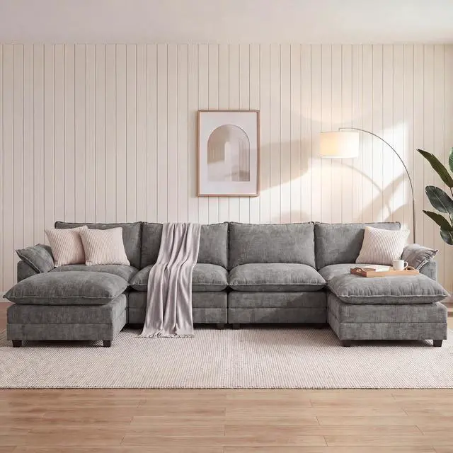 Main image of 158.6" U-Shaped Modular Sectional Cloud Couch Modern Sofa with 2 Ottoman, 6-Seat Chenille Deep Seat Sofa with Sturdy Wide armrests and Double-Layer seat Cushion for Living Room (Grey)